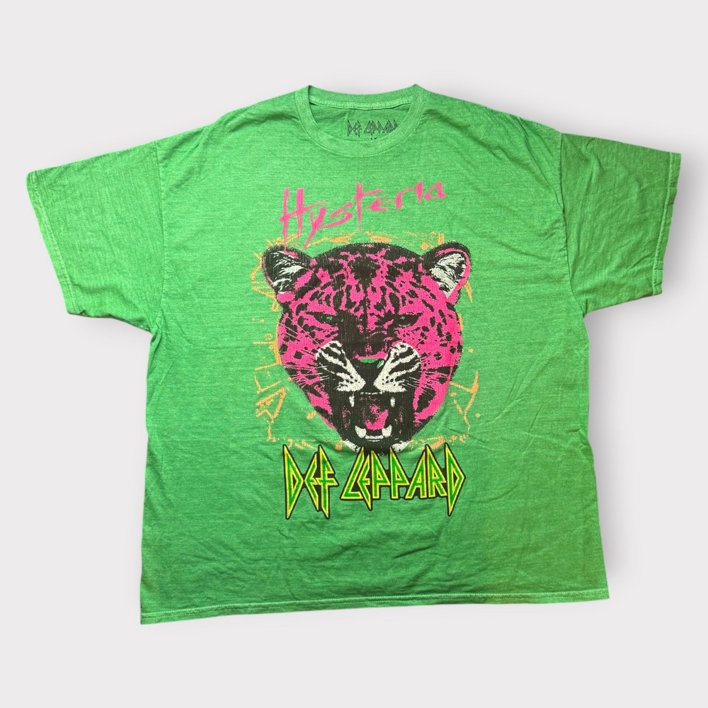 Def Leppard Hysteria Graphic T-Shirt Green Pink Leopard Band Tee XL 1X